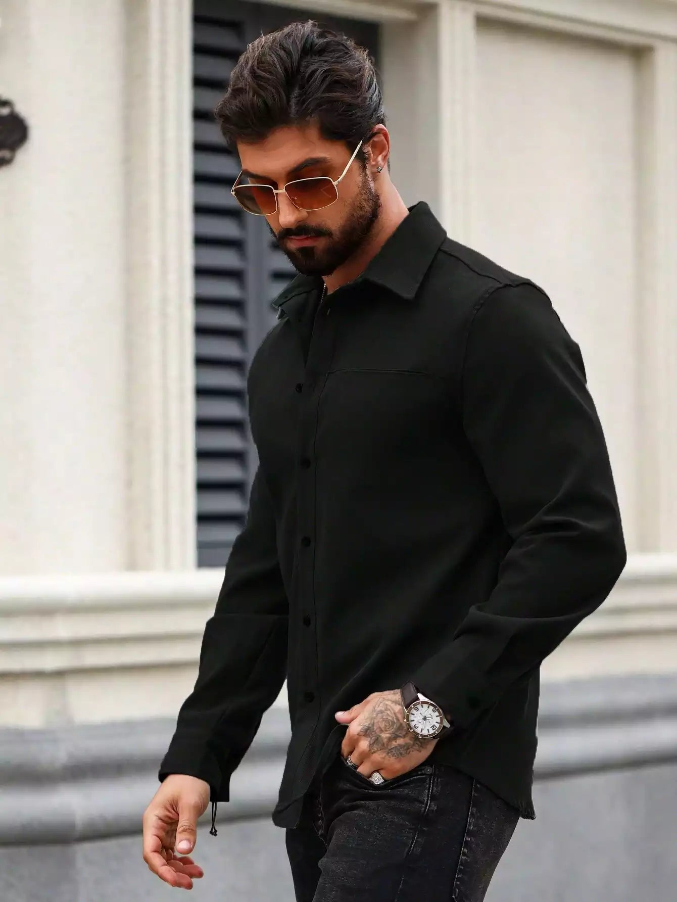 Men Spring And Summer Solid Color Loose Casual Long-Sleeved Shirt Black Color
